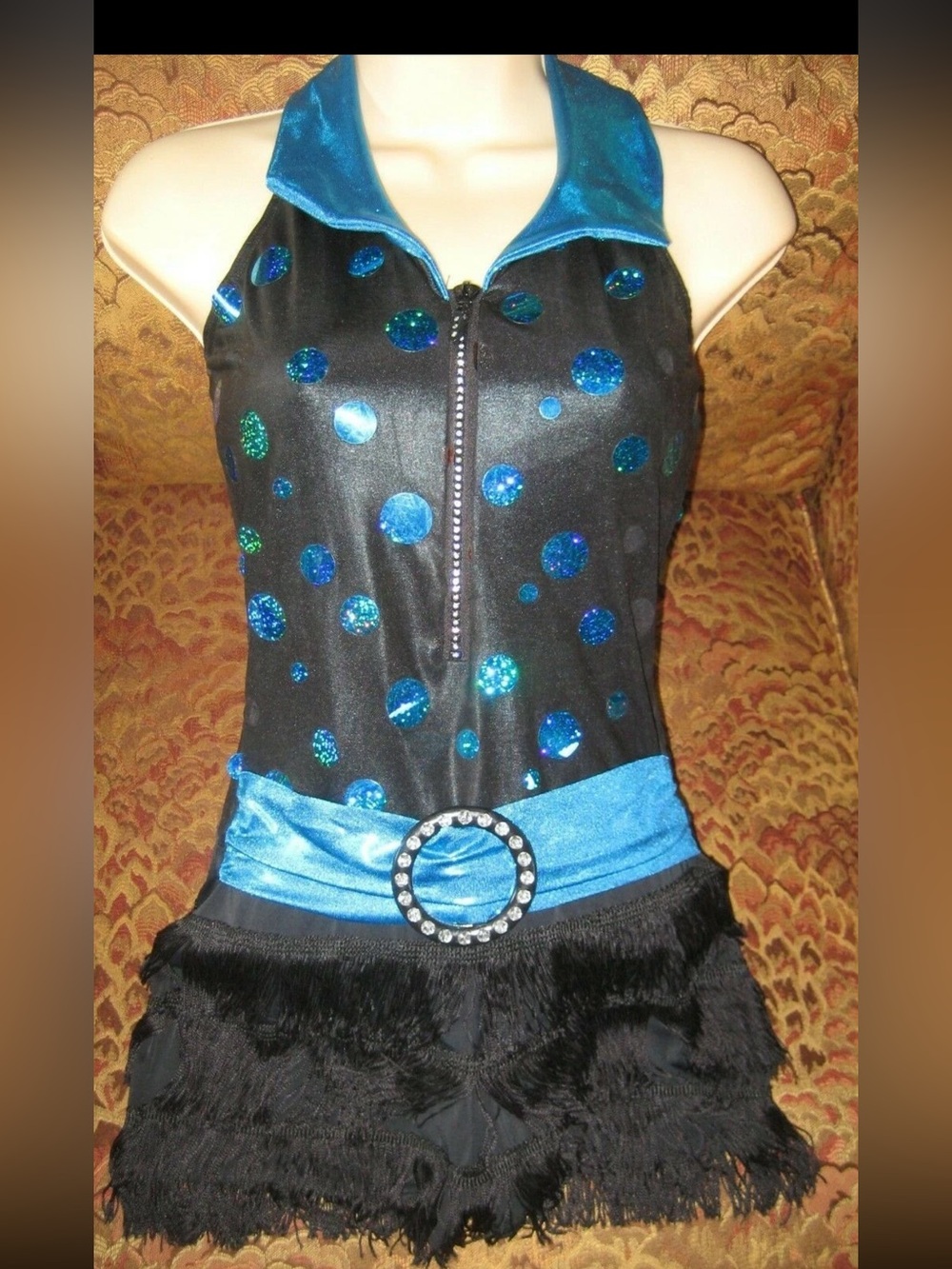 Black Halter women’s DANCE COSTUME Romper with Blue Sequin Polka Dots BLING ZIP